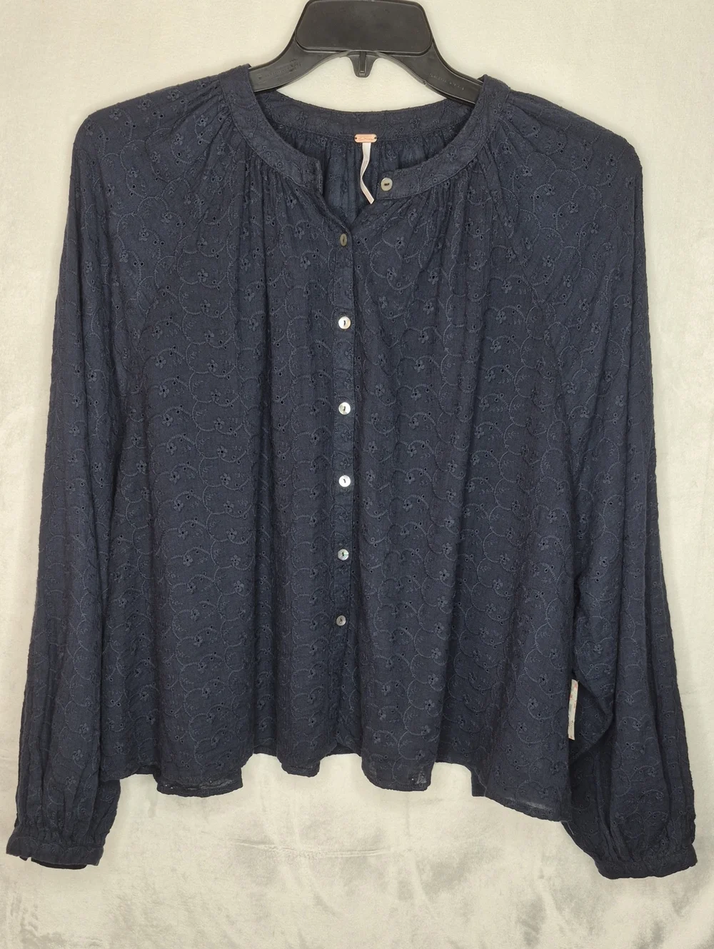 NWT Free People Navy‎ Blue Eyelet Button Up Blouse Boho Oversized XS Flaw